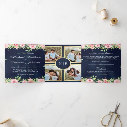 Blush Pink Roses Navy Blue Foto Collage Hochzeit Dreifach Gefaltete Einladung (Innenseite)