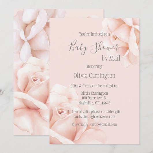 Blush Pink Roses Script Baby Dusche by Mail Einladung (Vorne/Hinten)