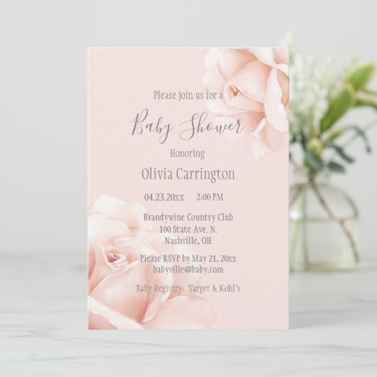 Blush Pink Roses Script Baby Dusche Einladung (Stehend Vorderseite)
