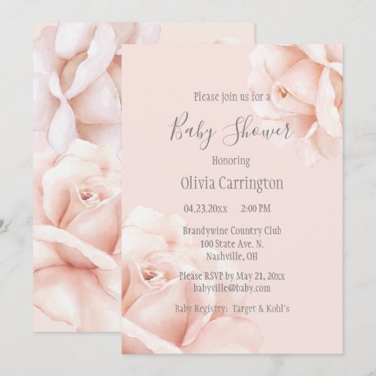 Blush Pink Roses Script Baby Dusche Einladung (Vorne/Hinten)