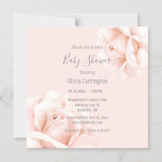 Blush Pink Roses Script Baby Dusche Magneteinladung (Vorderseite)