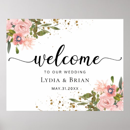Blush Pink Roses und Gold Wedding Willkommenszeich Poster (Vorne)