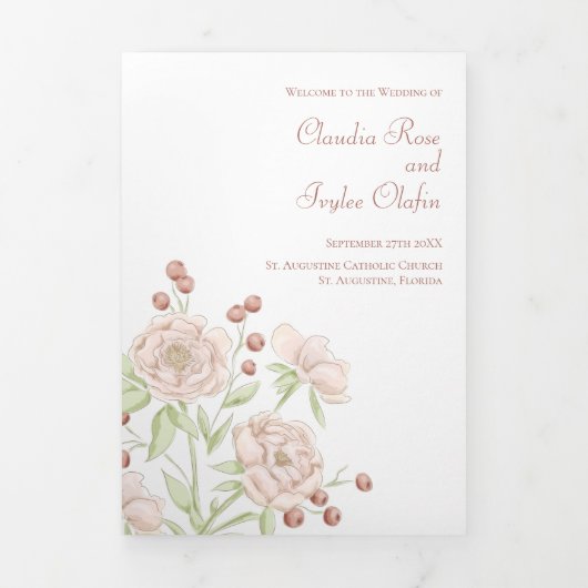 Blush Pink Roses Wedding Programs Modern Dreifach-gefaltete Programmkarte (Cover)