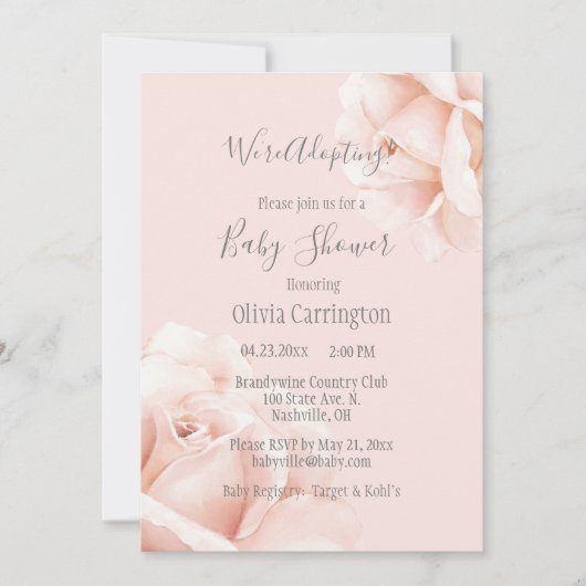 Blush Pink Roses Wir Adoptiere Script Baby Shower Einladung (Vorderseite)