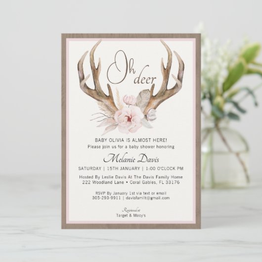 Blush Pink Rustic Baby Shower Einladung - Boho Fl (Stehend Vorderseite)