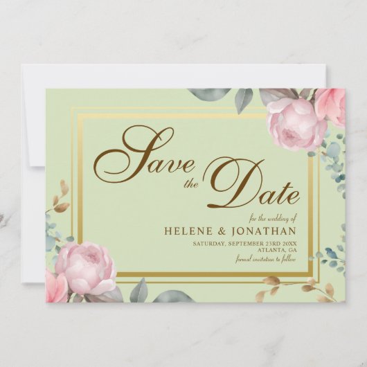 Blush Pink Sage Green Floral Elegante Hochzeit Save The Date (Vorderseite)