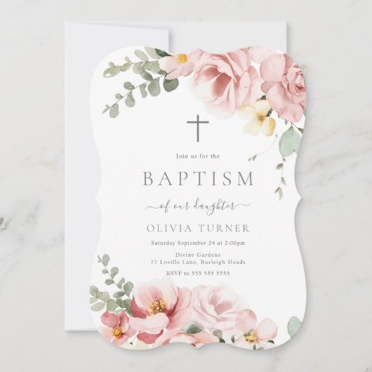 Blush Pink & Sage Green Floral Taufe Einladung (Vorderseite)