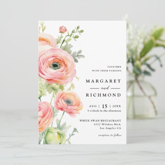 Blush Pink & Sage Green Ranunculus Blumenzehen Einladung (Stehend Vorderseite)