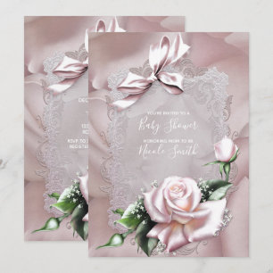 Blush Pink Satin Bow & Rose Lacy Baby Dusche Einladung