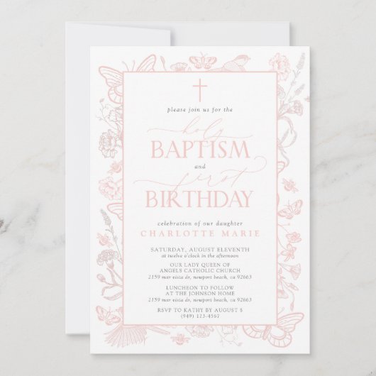 Blush Pink Schmetterlinge Heilige Taufe & 1. Gebur Einladung (Vorderseite)