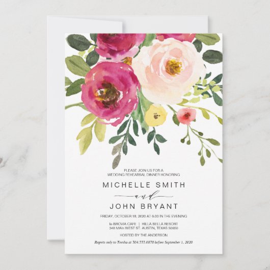 Blush Pink Schönheitsflora, Hochzeitsessen Probe Einladung (Vorderseite)