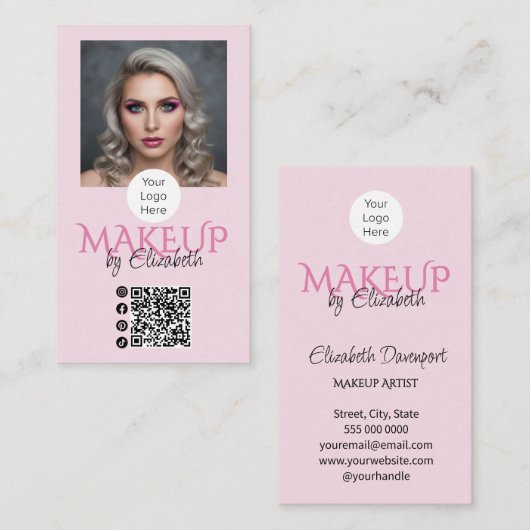 Blush Pink Schrift Logo QR Code Foto Makeup Visitenkarte (Vorne/Hinten)