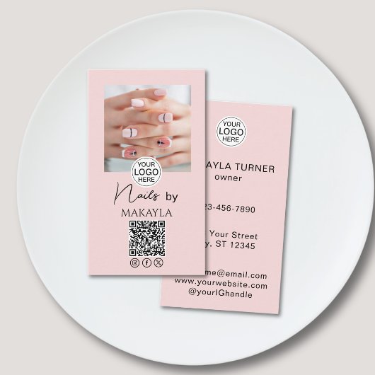 Blush Pink Schrift Logo QR Code Foto Nagelstudio Visitenkarte