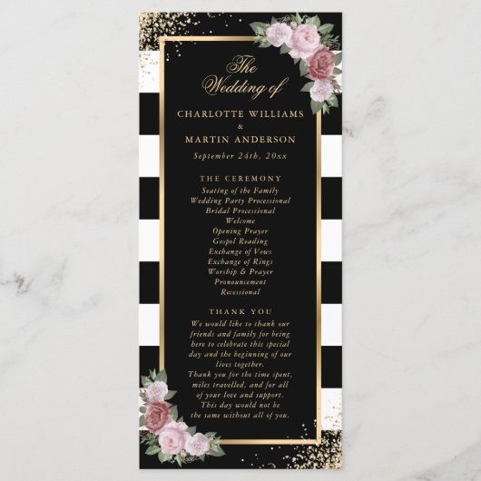 Blush Pink Schwarz-weiß Gold Floral Wedding Programm (Vorderseite)