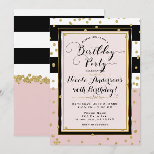 Blush Pink Schwarz-weiß & Gold Glam Geburtstagspar Einladung
