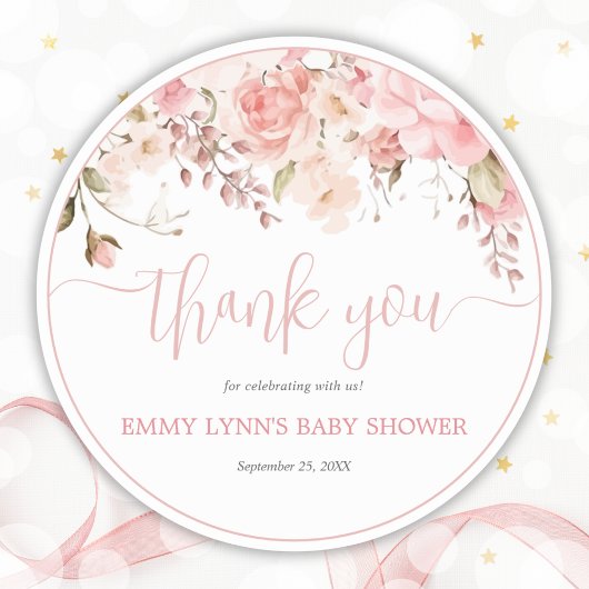 Blush Pink Script Baby Shower Thank You Runder Aufkleber