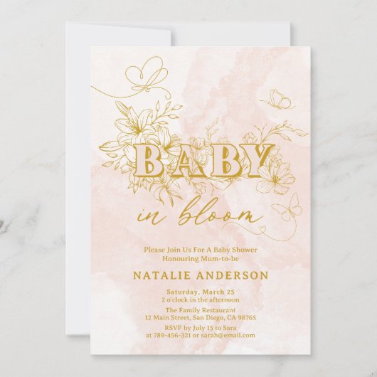 Blush Pink Script Blumenschmetterlinge Baby in Blo Einladung (Vorderseite)