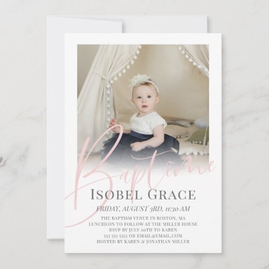 Blush Pink Script Foto Baptême Einladung (Vorderseite)