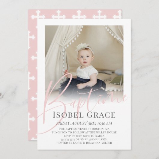 Blush Pink Script Foto Baptême Einladung (Vorne/Hinten)