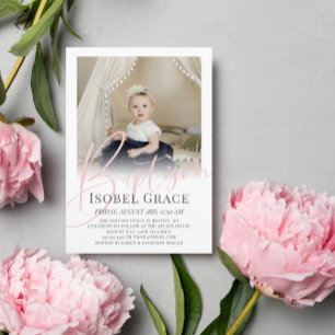 Blush Pink Script Foto Taufe Einladung