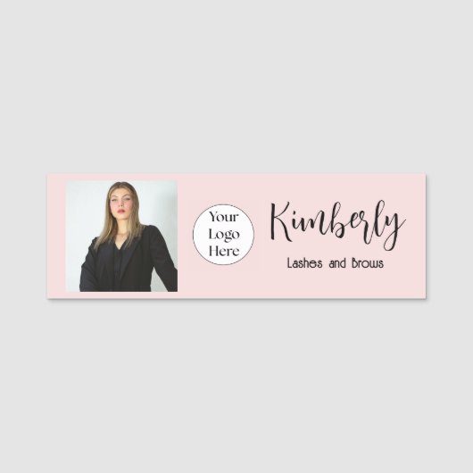 Blush Pink Script Logo Foto Wimpernkünstlerin Namensschild (Vorderseite)