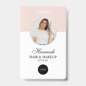 Blush Pink Script Logo Hair Photo Makeup Badge Ausweis (Front)