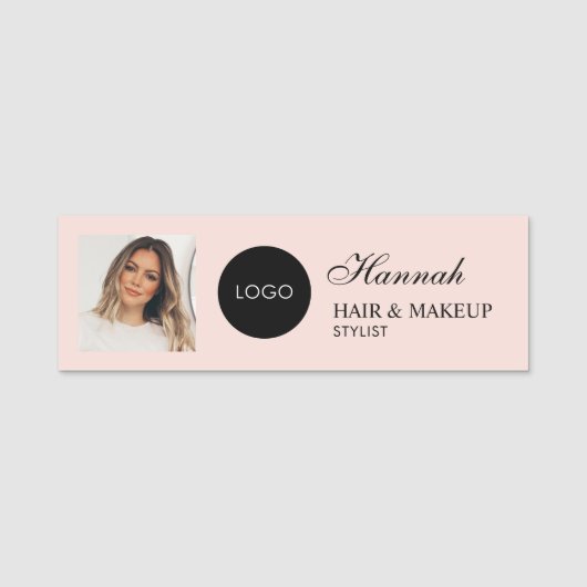 Blush Pink Script Logo Photo Hair Makeup Namensschild (Vorderseite)