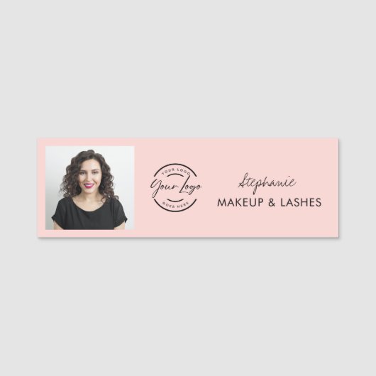 Blush Pink Script Logo Photo Lashes Namensschild (Vorderseite)