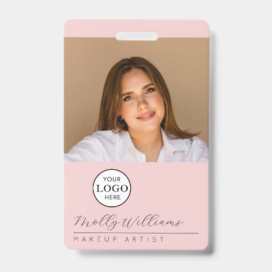 Blush Pink Script Logo Photo Makeup Badge Ausweis (Vorderseite)