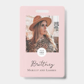 Blush Pink Script Logo Photo Makeup Badge Custom Ausweis (Front)