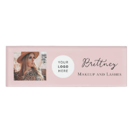 Blush Pink Script Logo Photo Makeup Name Tag Namenschild