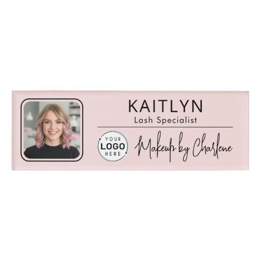 Blush Pink Script Logo Photo Makeup Namenschild (Vorderseite)