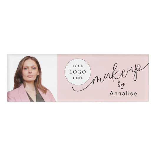 Blush Pink Script Logo Photo Makeup Namenschild (Vorderseite)