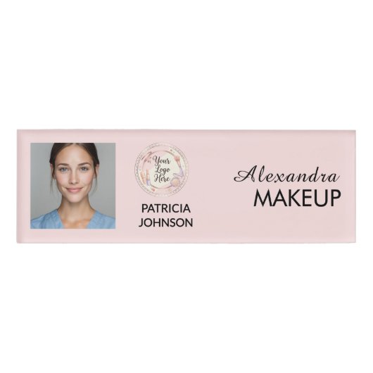 Blush Pink Script Logo Photo Makeup Namenschild (Vorderseite)