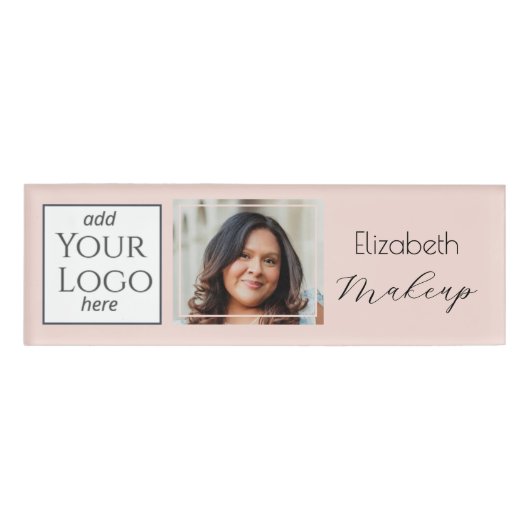 Blush Pink Script Logo Photo Makeup Namenschild (Vorderseite)