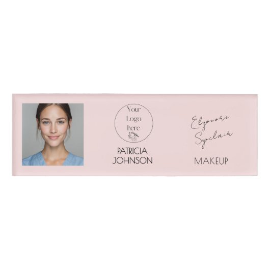 Blush Pink Script Logo Photo Makeup Namenschild (Vorderseite)