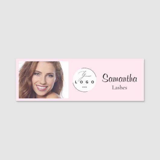 Blush Pink Script Logo Photo Makeup Namensschild (Vorderseite)