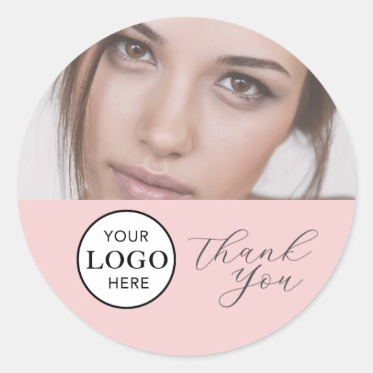 Blush Pink Script Logo Photo Makeup Thank You Clas Runder Aufkleber (Vorderseite)