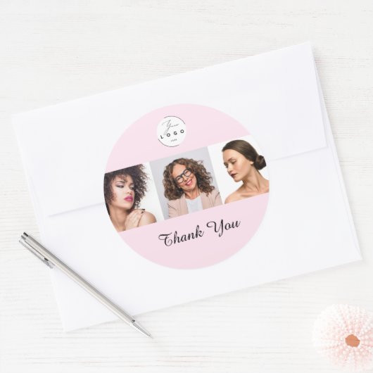 Blush Pink Script Logo Photo Makeup Thank You Runder Aufkleber (Umschlag)