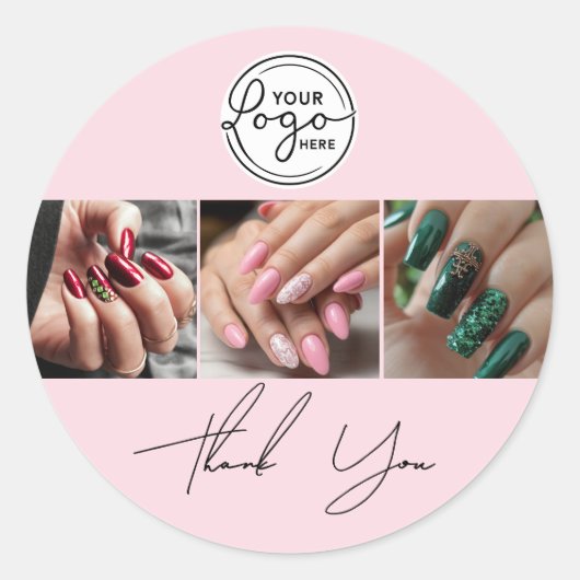 Blush Pink Script Logo Photo Nail Salon Thank You  Runder Aufkleber (Vorderseite)