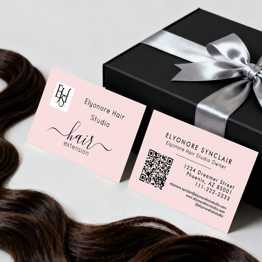 Blush Pink Script Logo QR Code Hair Extension Visitenkarte