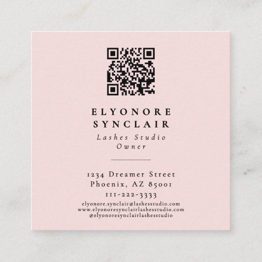 Blush Pink Script Logo QR Code Lashes Quadratische Visitenkarte (Rückseite)
