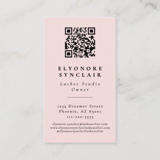 Blush Pink Script Logo QR Code Lashes  Visitenkarte (Rückseite)