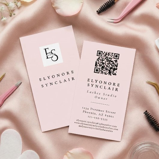 Blush Pink Script Logo QR Code Lashes  Visitenkarte