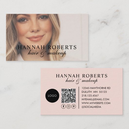 Blush Pink Script Logo QR Code Photo Business Card Visitenkarte (Vorne/Hinten)