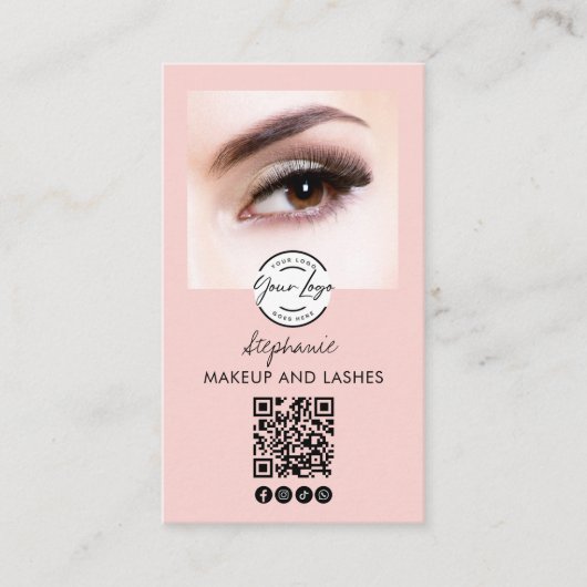 Blush Pink Script Logo QR Code Photo Lashes Studio Visitenkarte (Vorderseite)