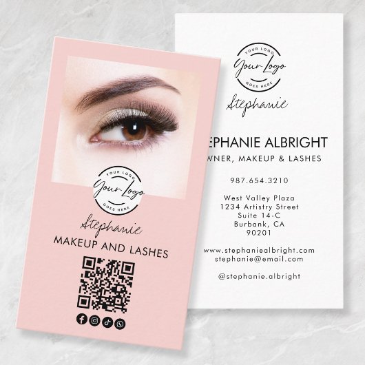 Blush Pink Script Logo QR Code Photo Lashes Studio Visitenkarte