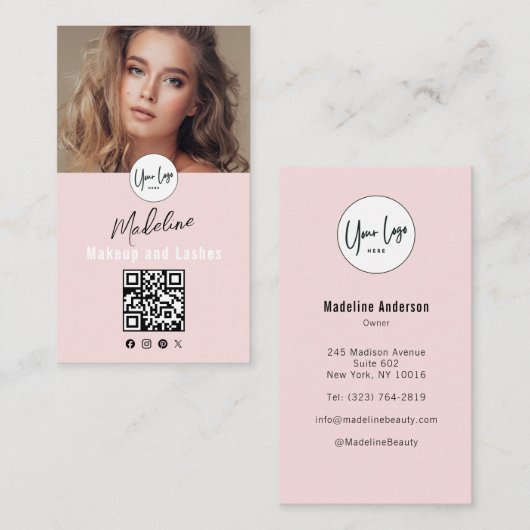 Blush Pink Script Logo QR Code Photo Lashes Studio Visitenkarte (Vorne/Hinten)