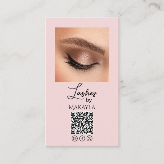 Blush Pink Script Logo QR Code Photo Lashes Visitenkarte (Vorderseite)