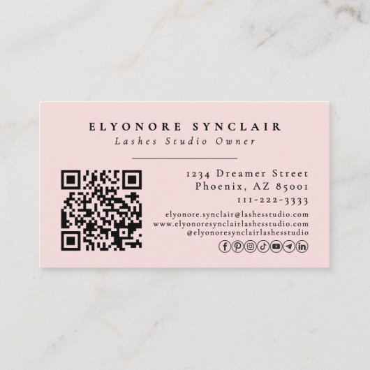 Blush Pink Script Logo QR Code Photo Lashes Visitenkarte (Rückseite)
